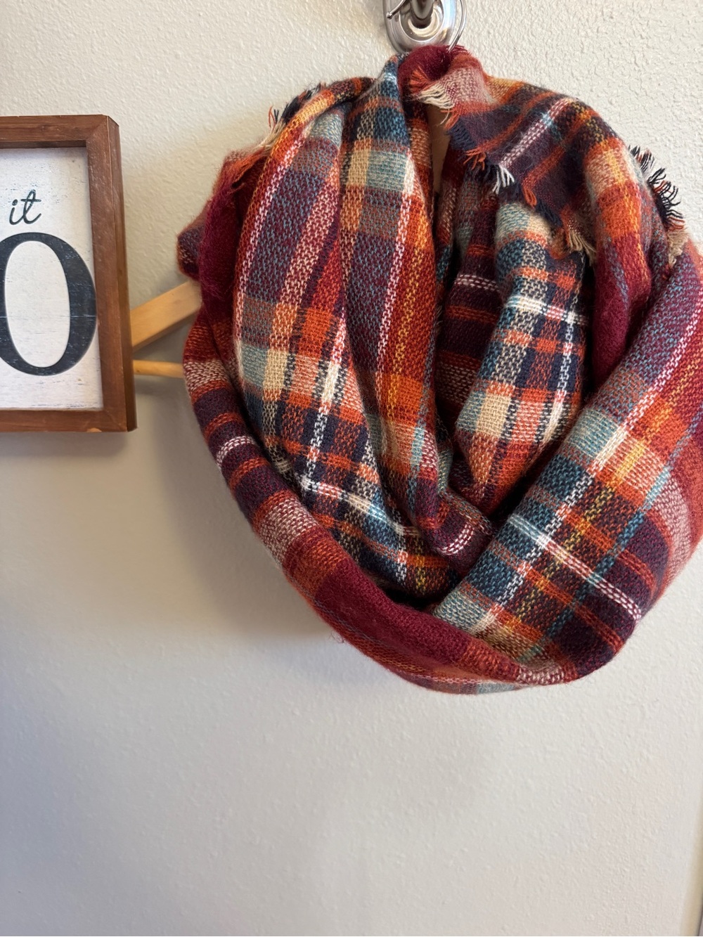 Cozy Plaid Infinity Scarf in Rust & Teal